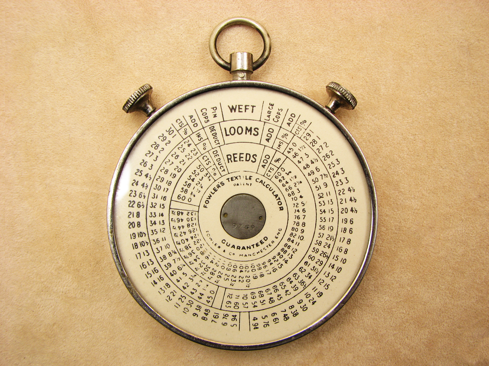 1930s Double sided Fowlers Textile Calculator, Short Scale Type in Nickel case